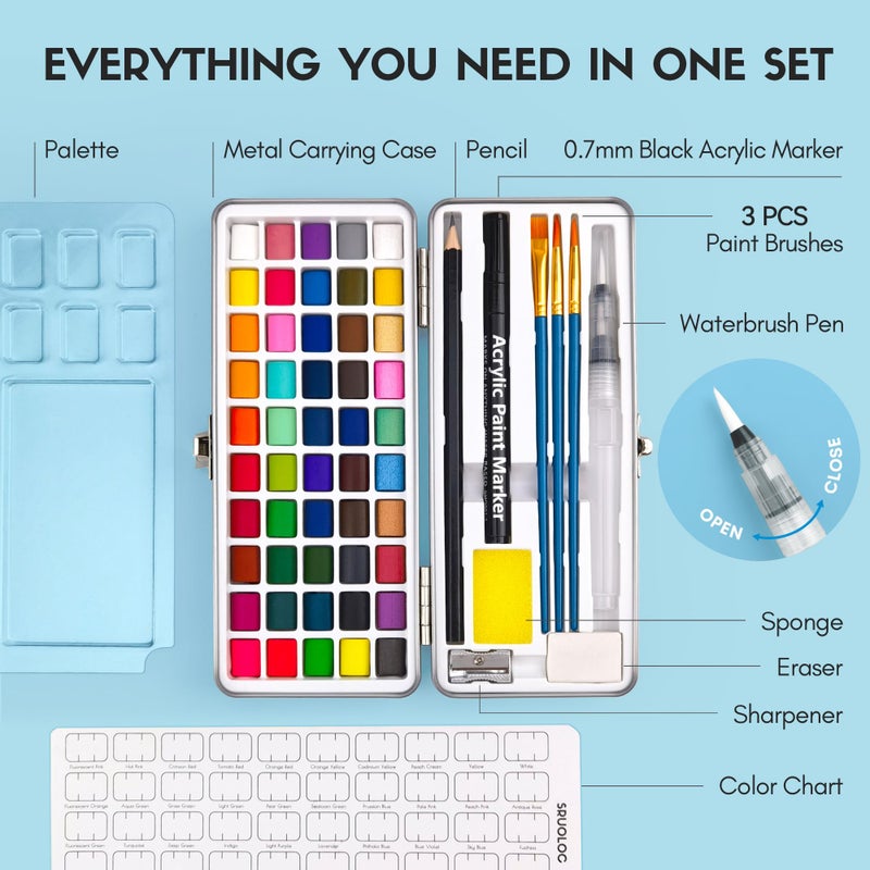 SRUOLOC Watercolor Paint Set 50 Colors  Travel Watercolor Set with Portable Carrying Case  Papers  Brushes and Accessories  Ideal for Artists  Amateur Hobbyists and Painting Lovers - Image 2